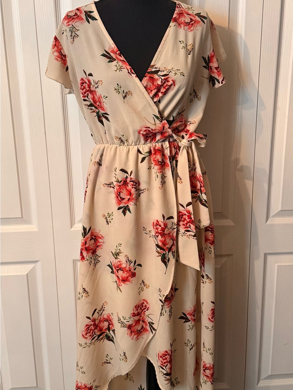 Floral Wrap High-Low Dress in Cream and Coral